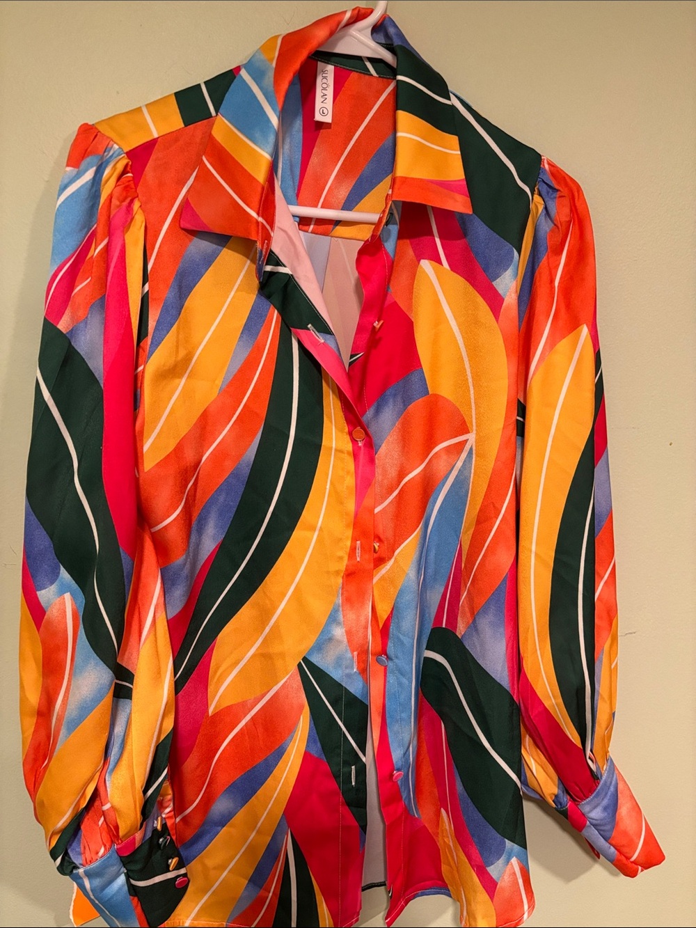 Multicolor Wave-Print Silky Fabric Button-Up Blouse -Orange/Pink/Green Abstract